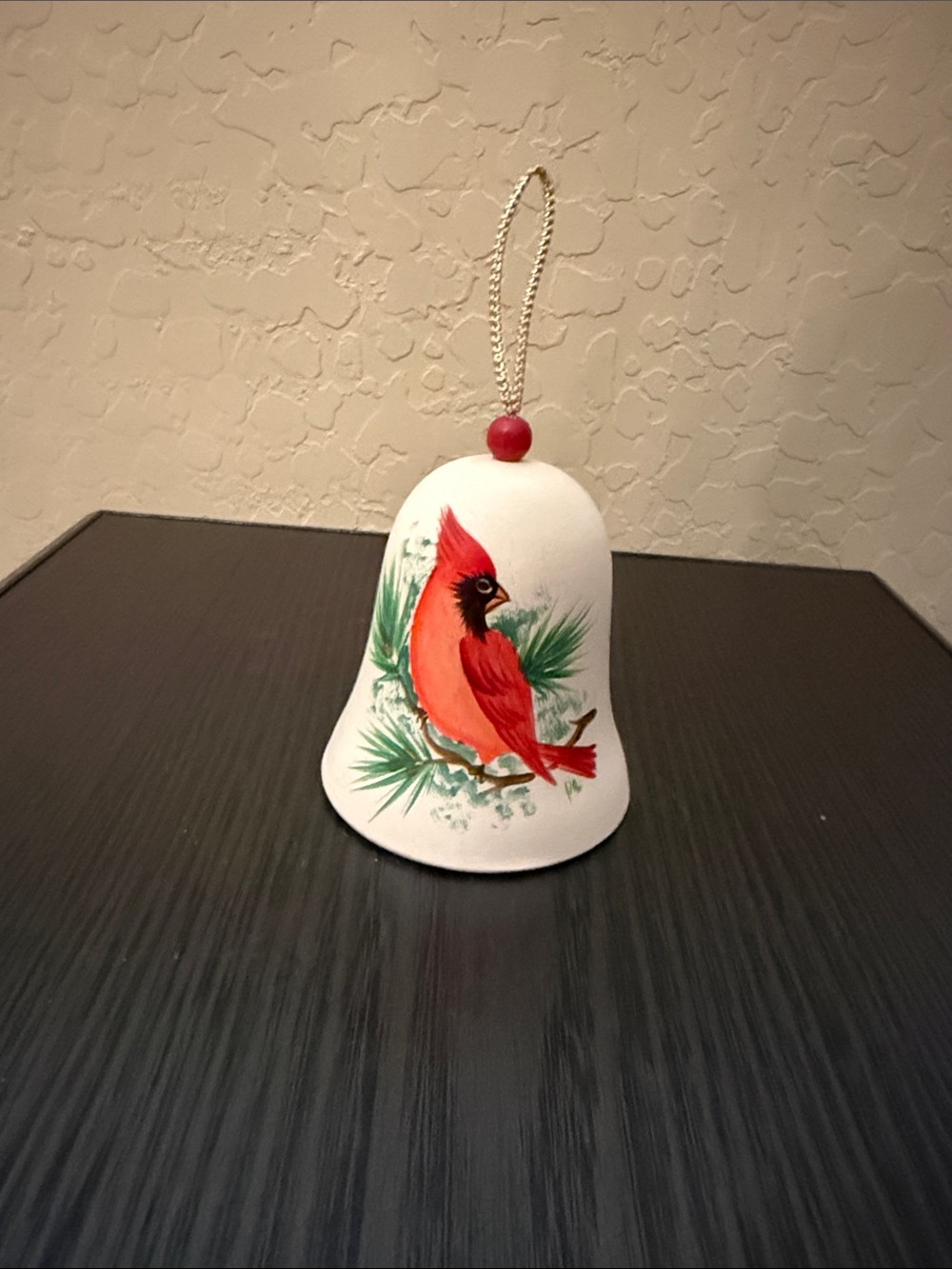 Hand-Painted White Ceramic Bell Ornament with Red Cardinal